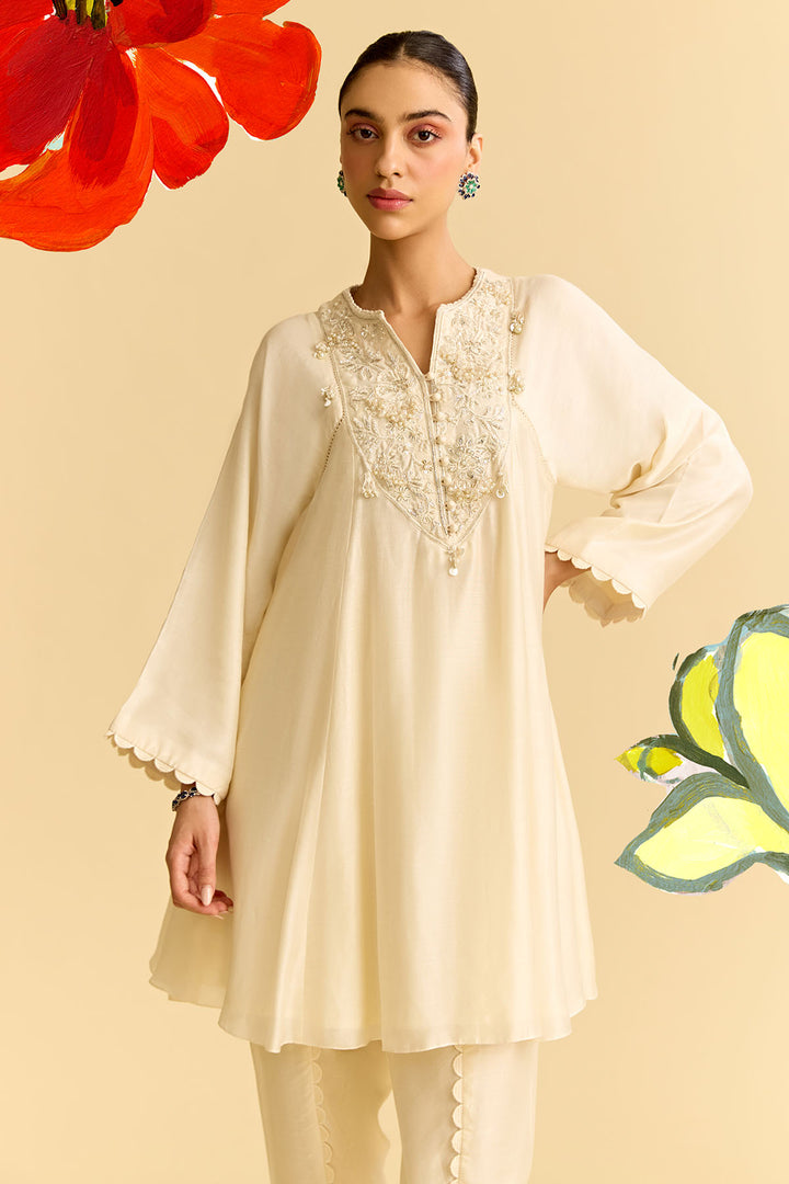 Ivory Silk Short Kurta With Tulip Pants