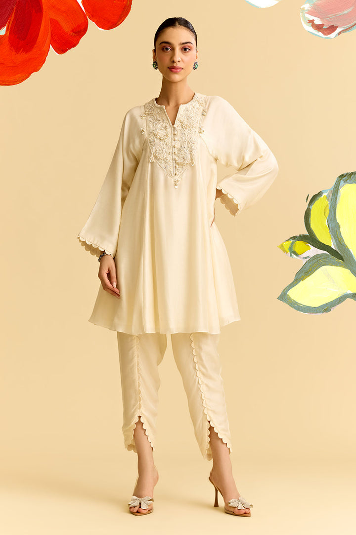 Ivory Silk Short Kurta With Tulip Pants