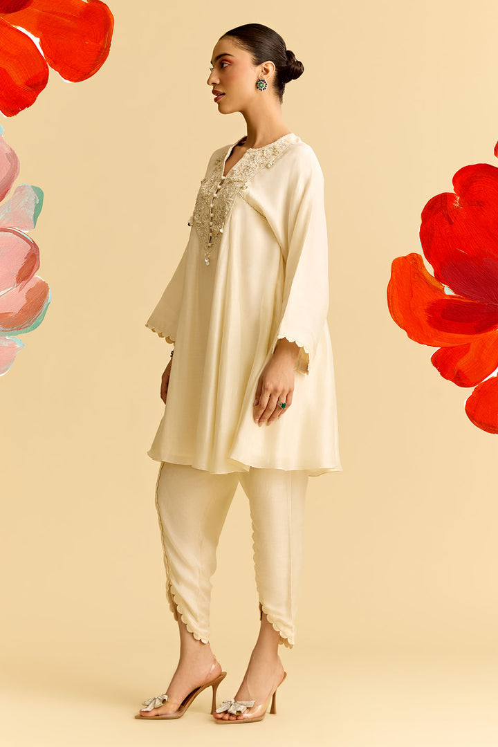 Ivory Silk Short Kurta With Tulip Pants