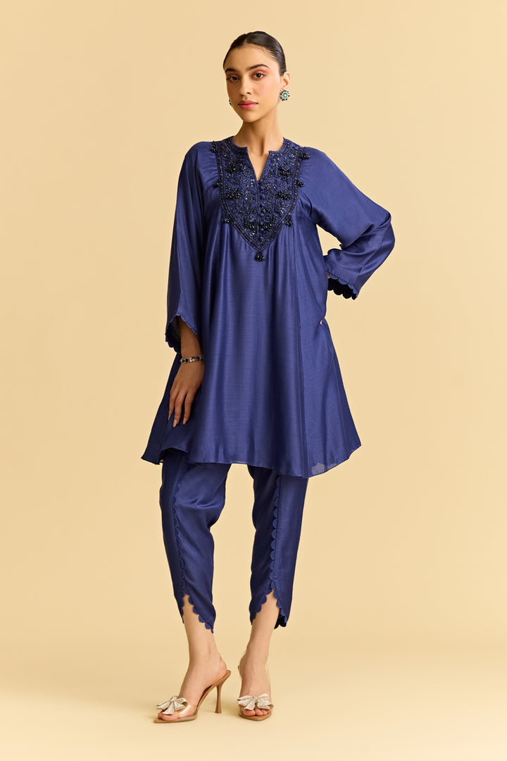 Blue Silk Short Kurta With Tulip Pants