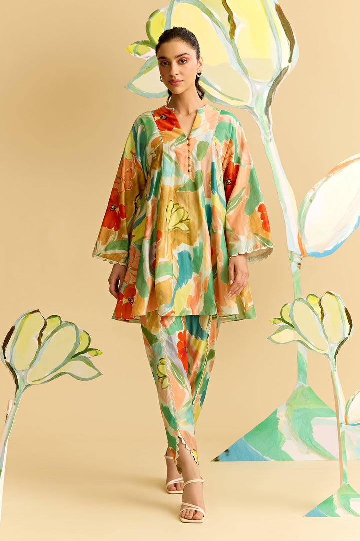 Floral Printed Flared Short Kurta Set-RTS