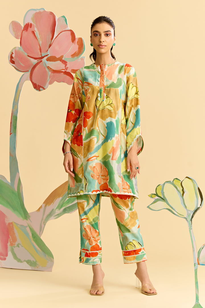 Floral Printed Chanderi Kurta With Pants
