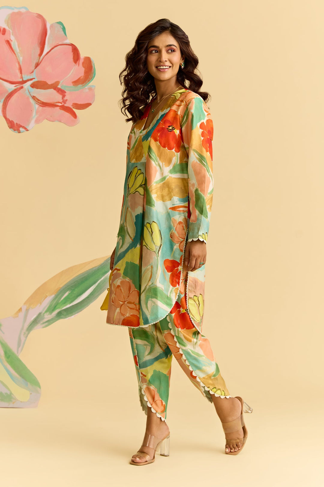 Floral Printed Chanderi Kurta With Tulip Pants-RTS