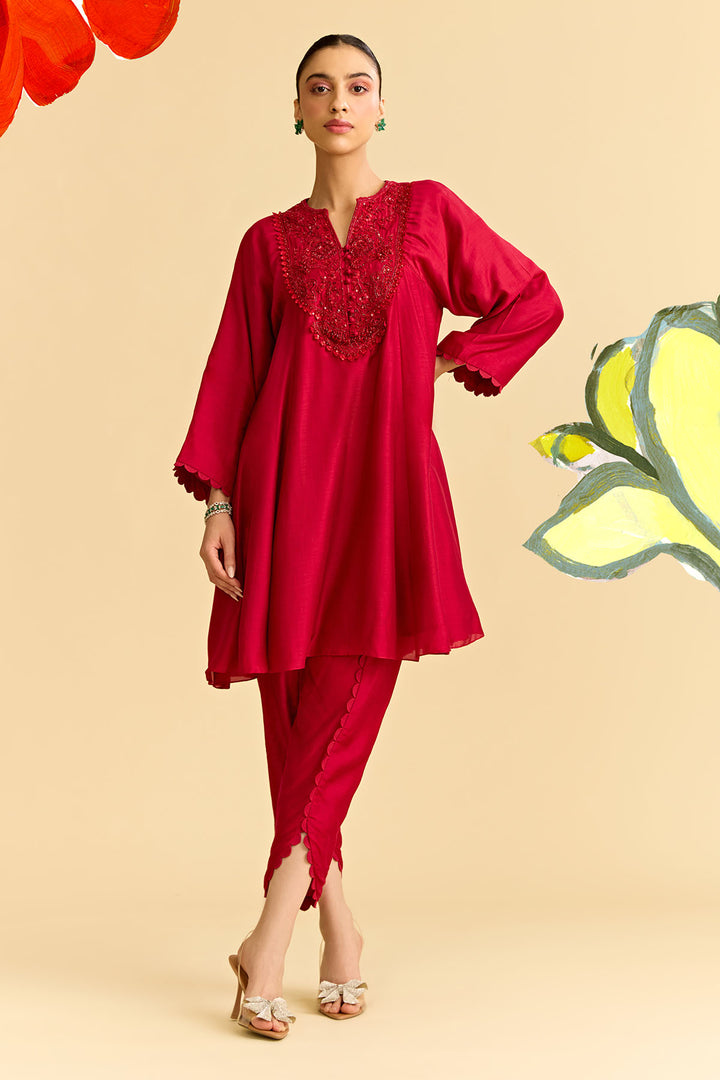 Red Silk Short Kurta With Tulip Pants