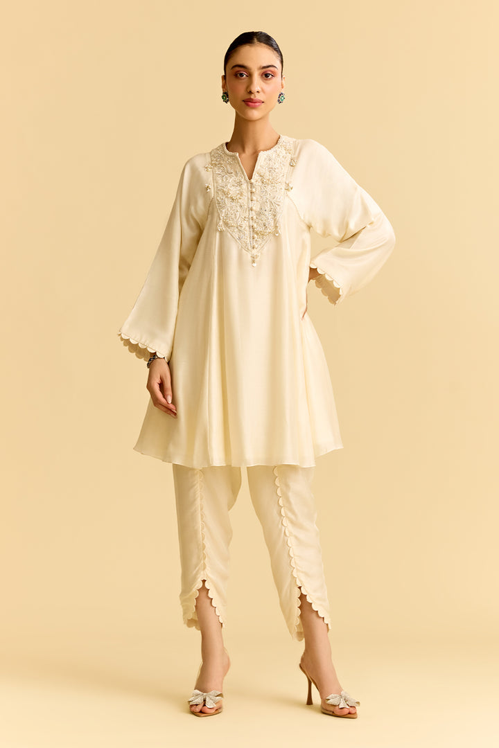 Ivory Silk Short Kurta With Tulip Pants