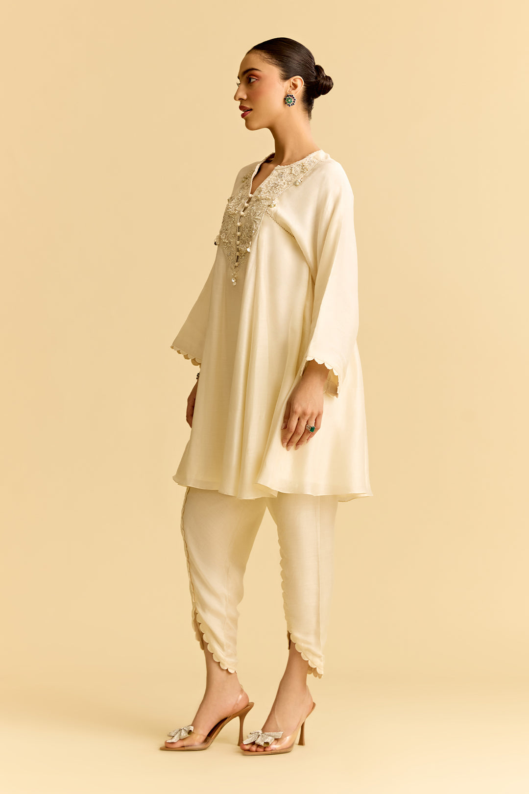 Ivory Silk Short Kurta With Tulip Pants