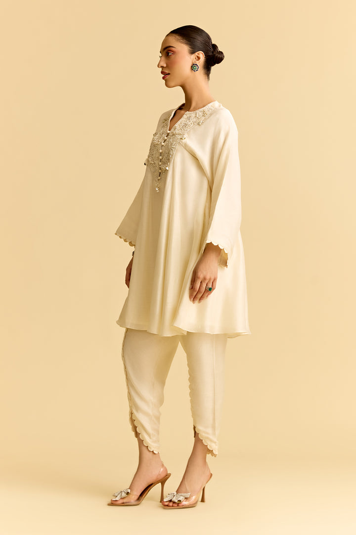 Ivory Silk Short Kurta With Tulip Pants