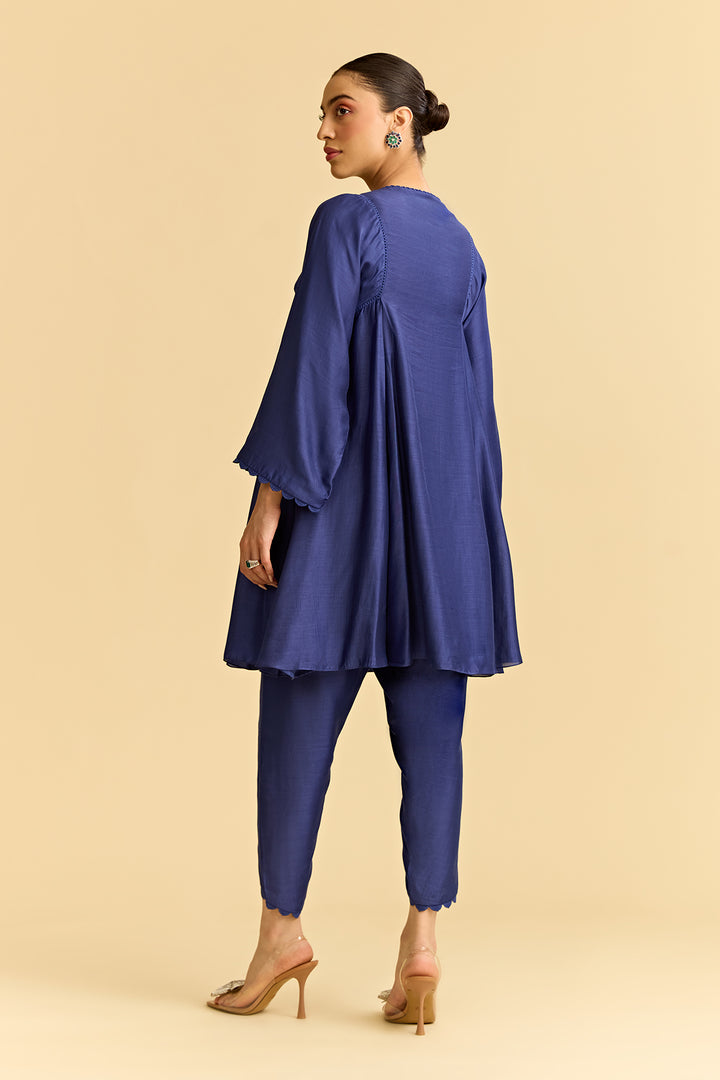 Blue Silk Short Kurta With Tulip Pants