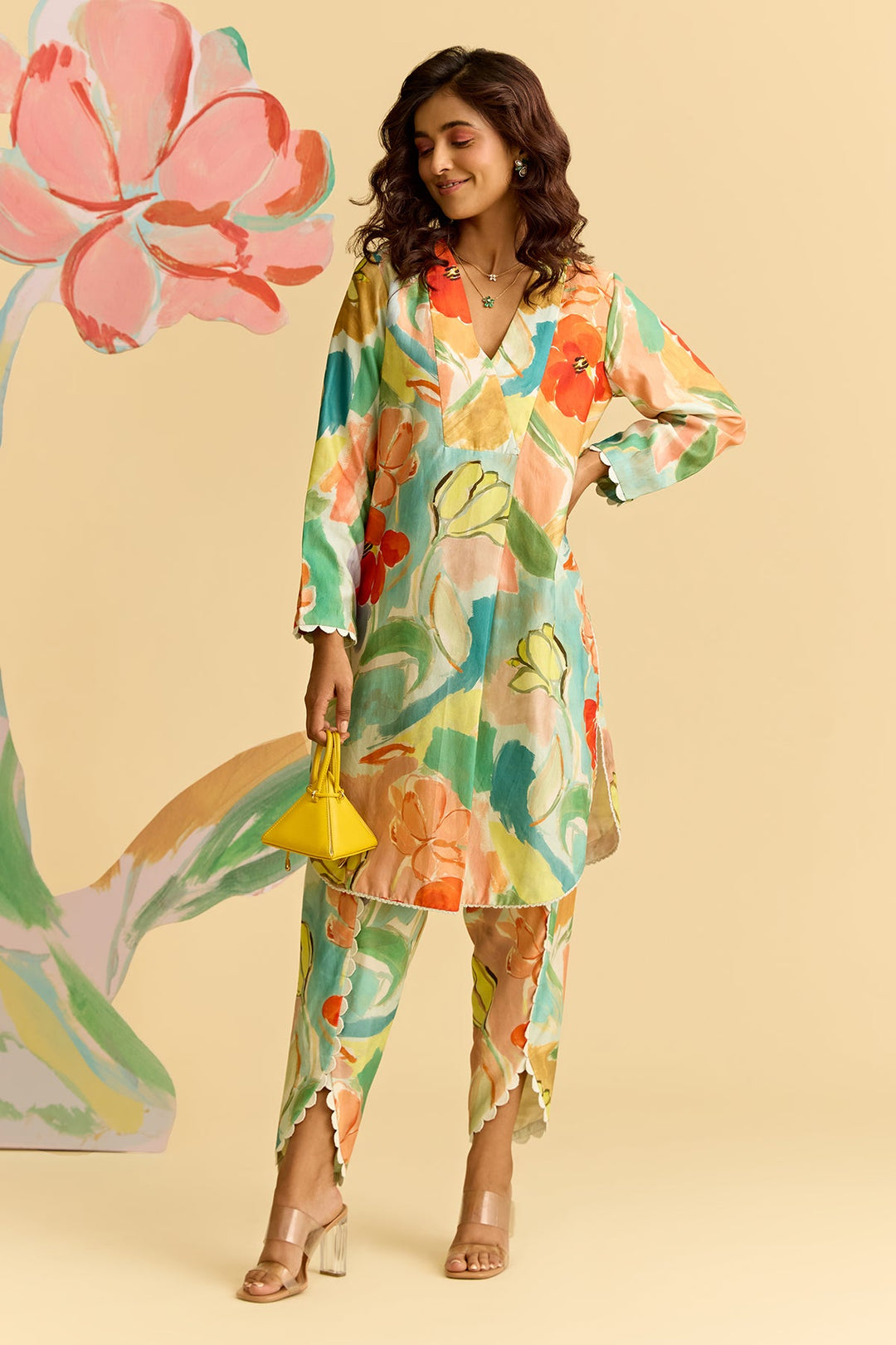 Floral Printed Chanderi Kurta With Tulip Pants-RTS