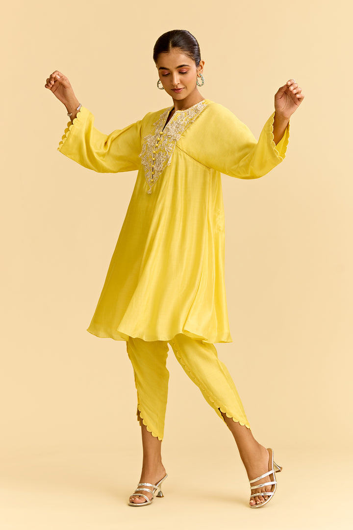 Yellow Silk Short Kurta With Tulip Pants