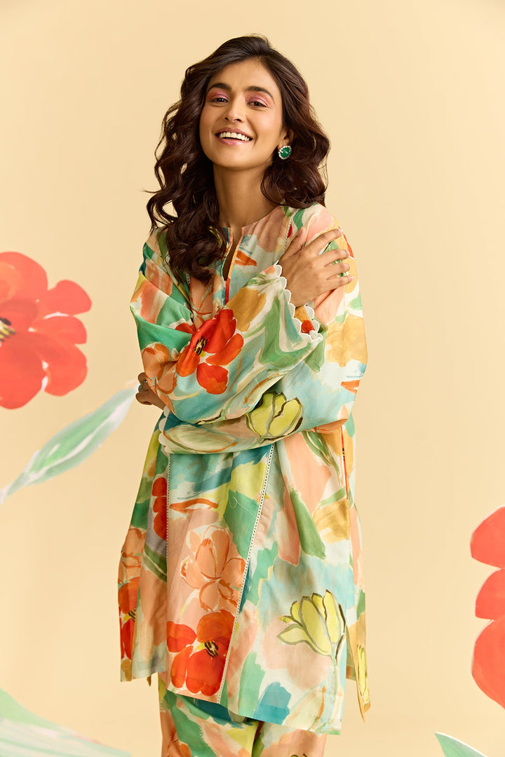 Floral Printed Chanderi Kurta Set-RTS