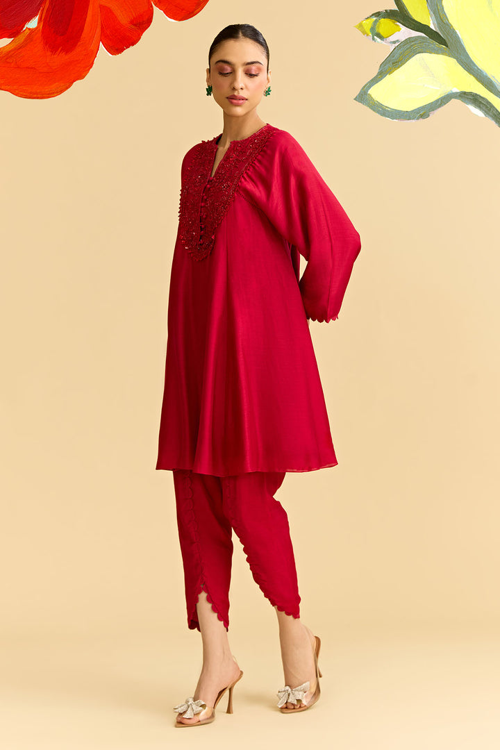 Red Silk Short Kurta With Tulip Pants