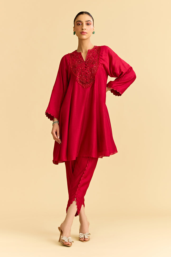 Red Silk Short Kurta With Tulip Pants