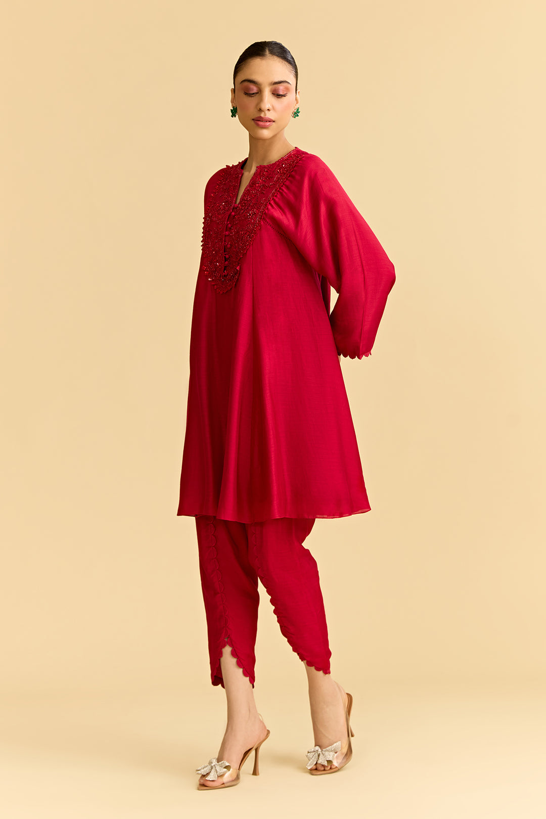 Red Silk Short Kurta With Tulip Pants