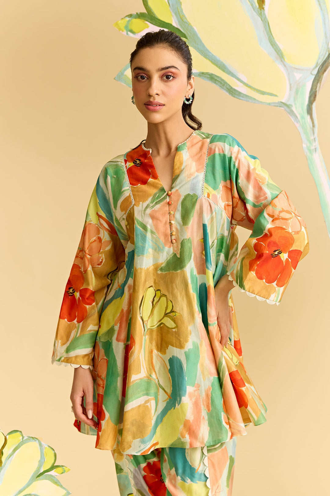 Floral Printed Flared Short Kurta Set-RTS