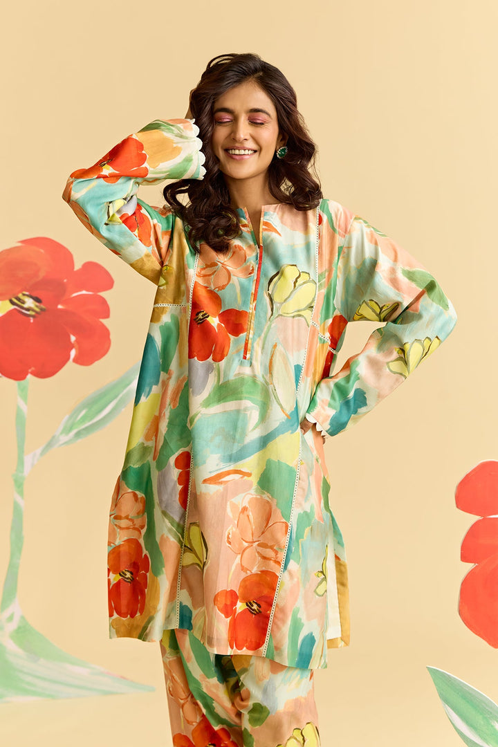 Floral Printed Chanderi Kurta Set-RTS