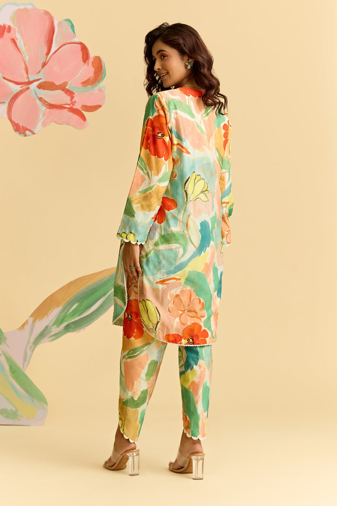 Floral Printed Chanderi Kurta With Tulip Pants-RTS