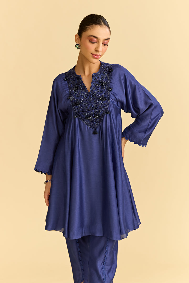 Blue Silk Short Kurta With Tulip Pants