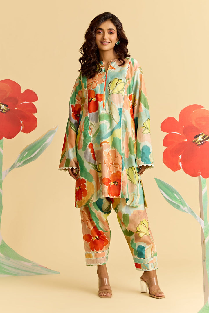 Floral Printed Chanderi Kurta Set-RTS