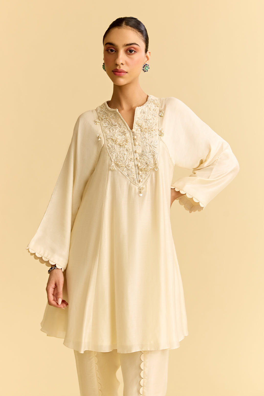 Ivory Silk Short Kurta With Tulip Pants