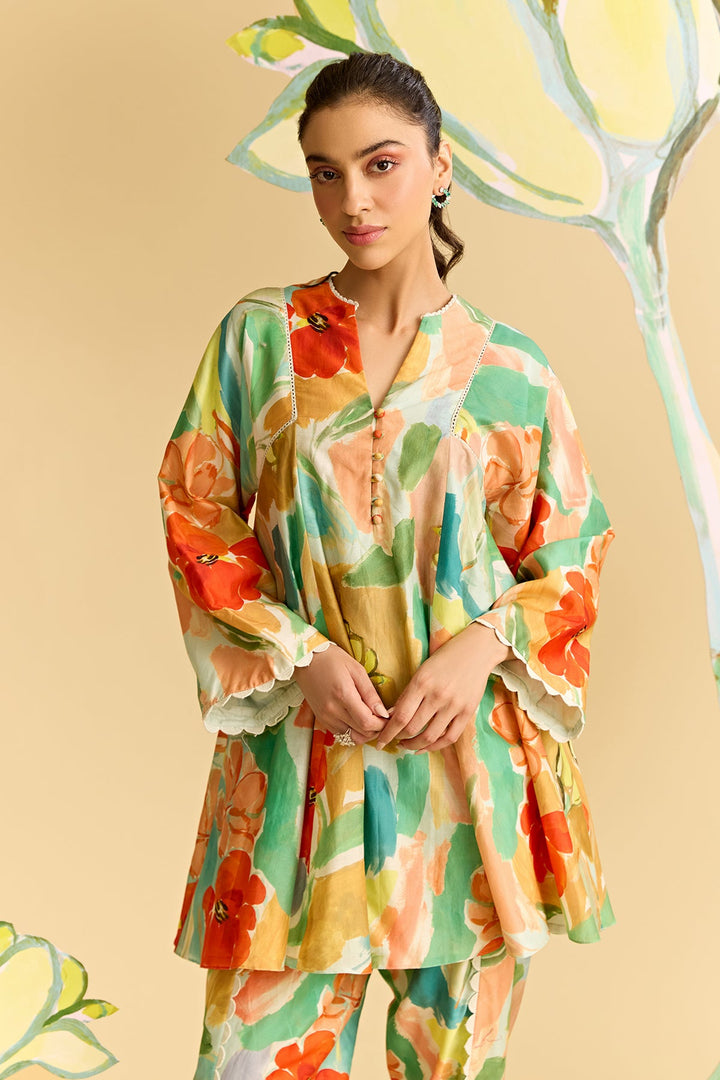 Floral Printed Flared Short Kurta Set-RTS