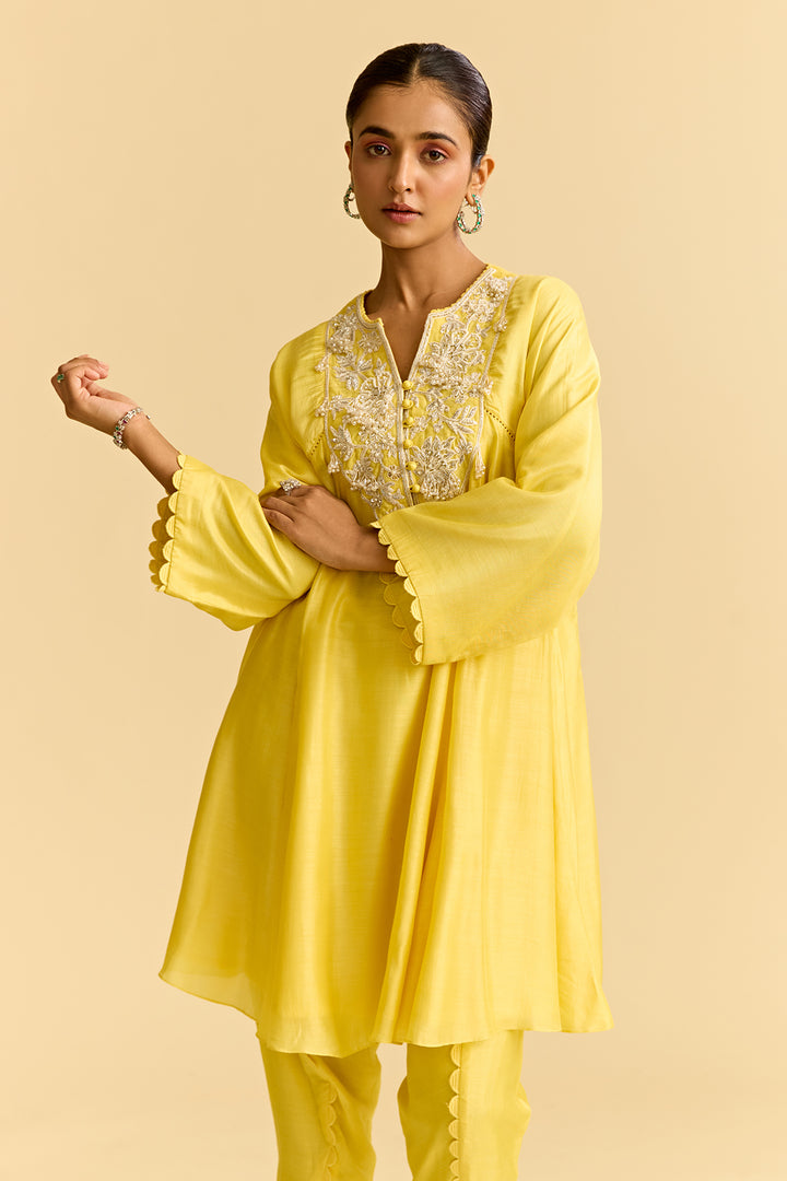 Yellow Silk Short Kurta With Tulip Pants