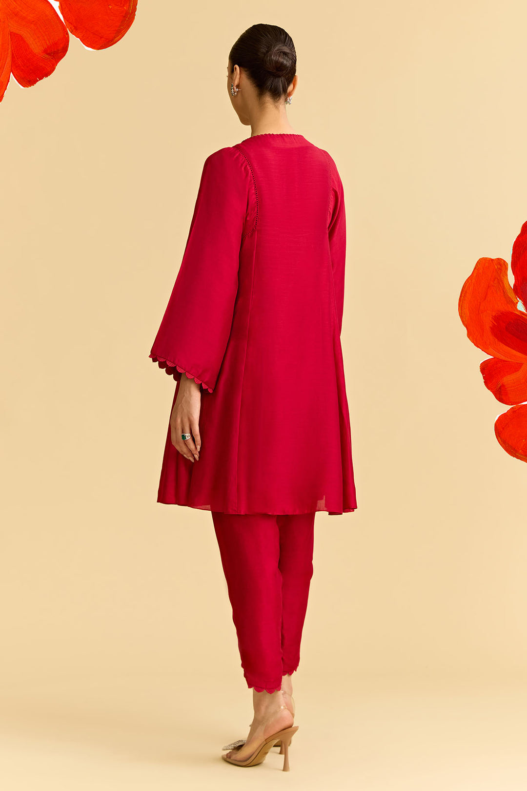 Red Silk Short Kurta With Tulip Pants