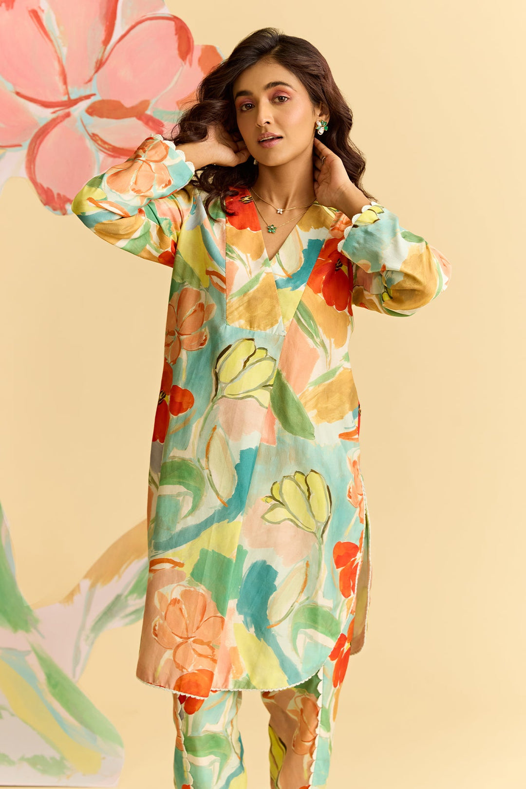 Floral Printed Chanderi Kurta With Tulip Pants-RTS
