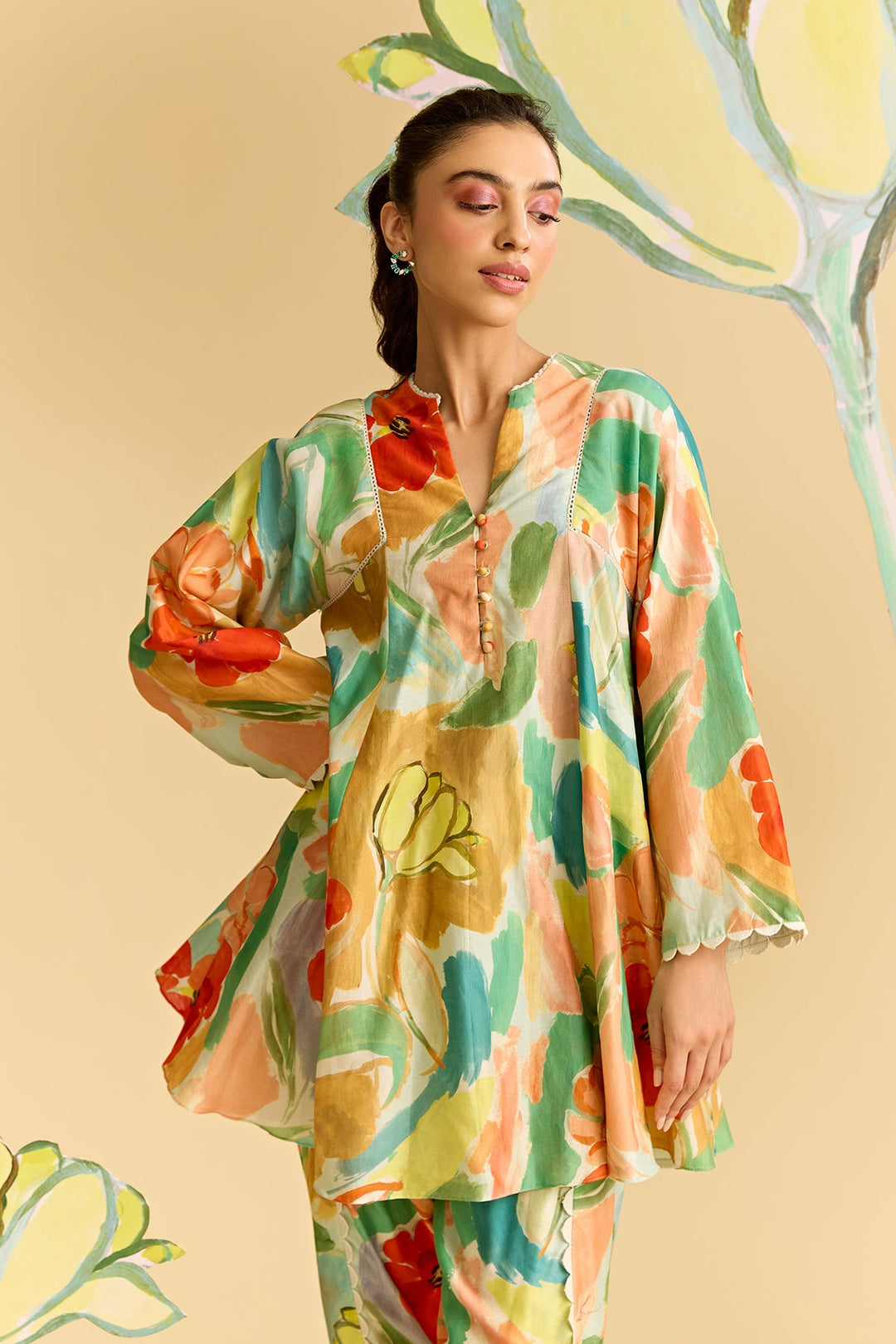 Floral Printed Flared Short Kurta Set-RTS