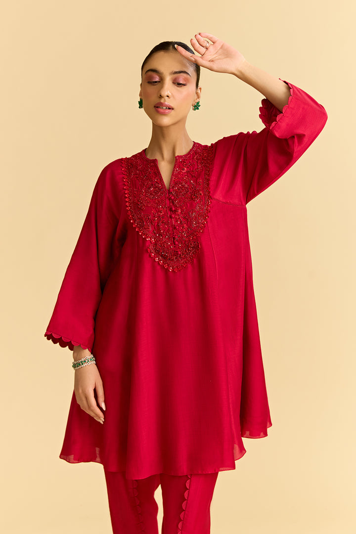 Red Silk Short Kurta With Tulip Pants