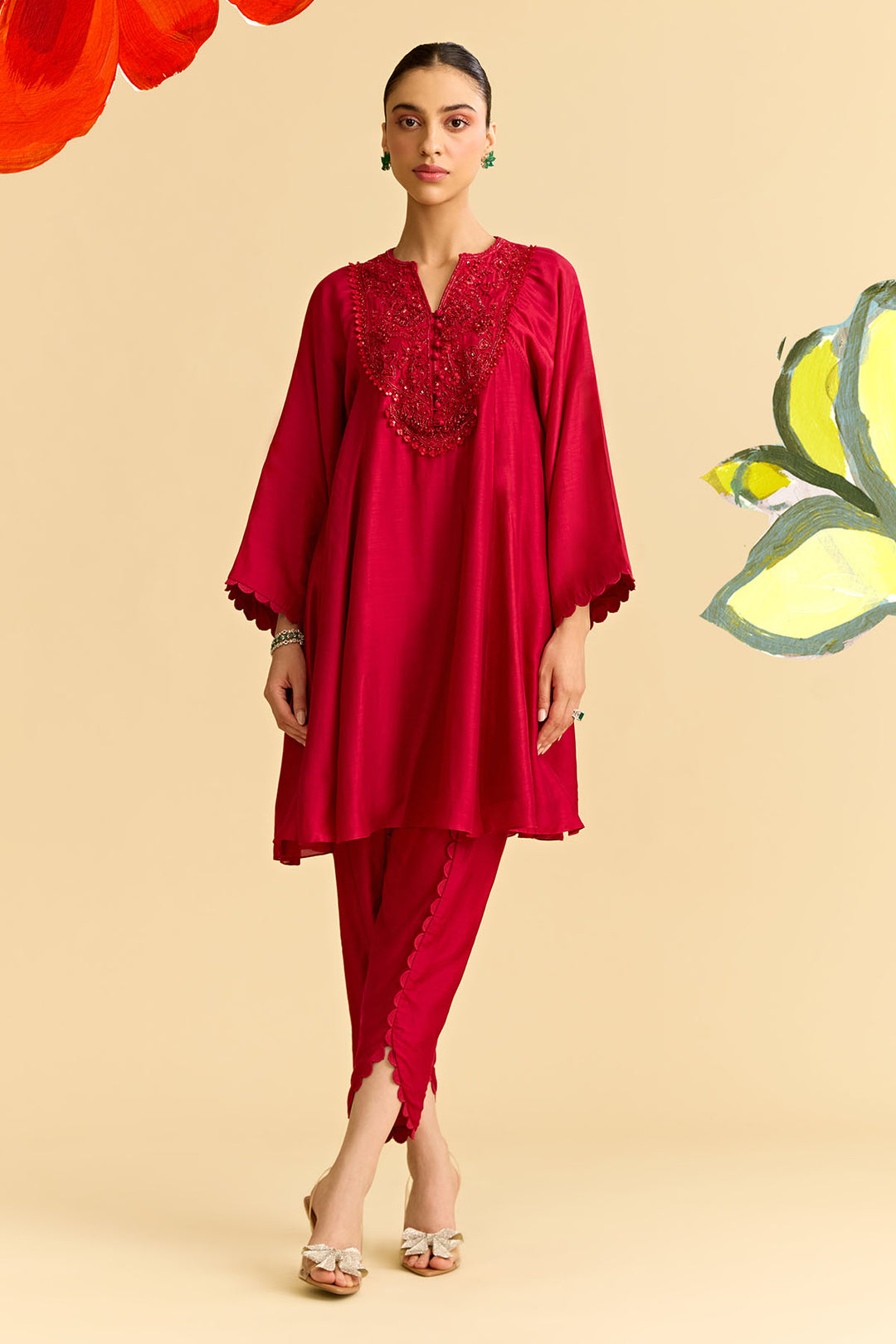 Red Silk Short Kurta With Tulip Pants