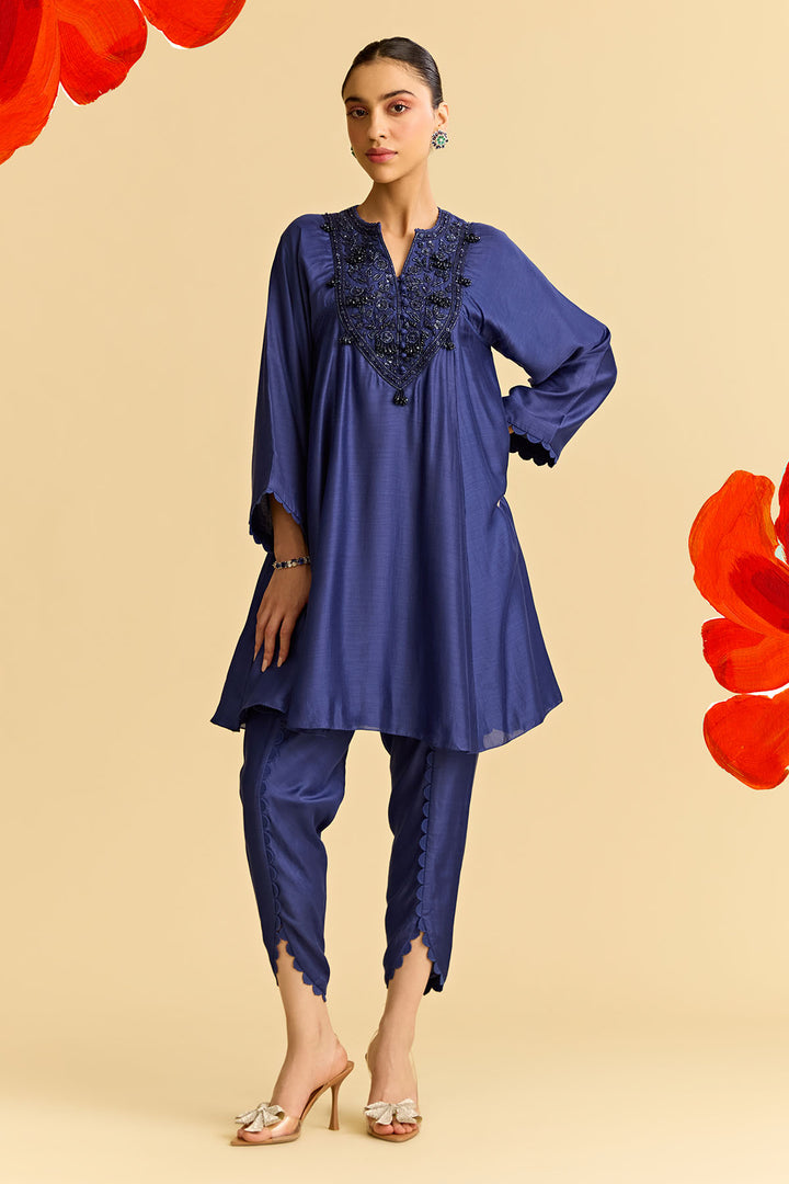 Blue Silk Short Kurta With Tulip Pants