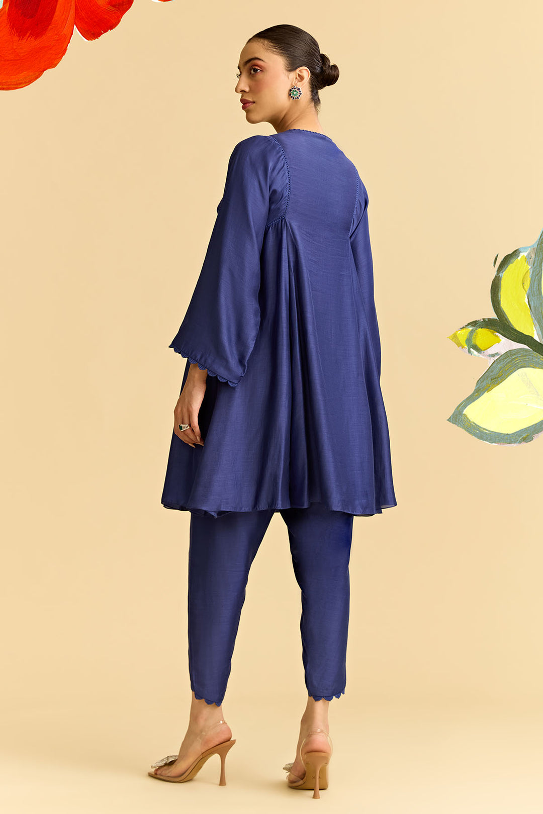 Blue Silk Short Kurta With Tulip Pants