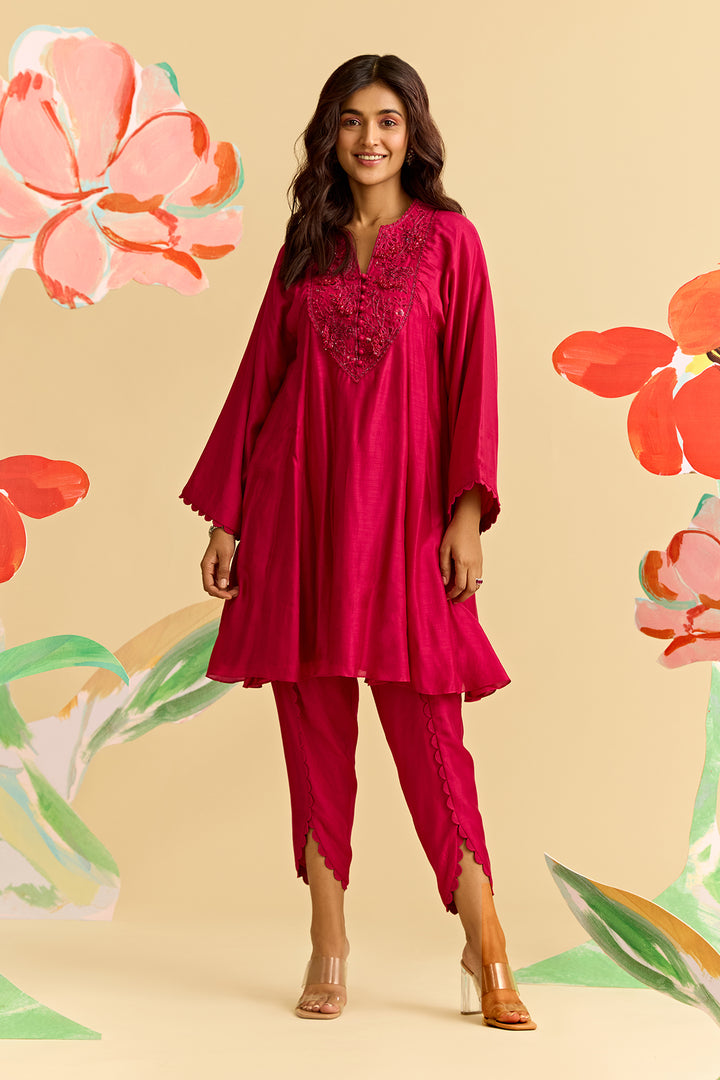 Fuschia Silk Short Kurta With Tulip Pants