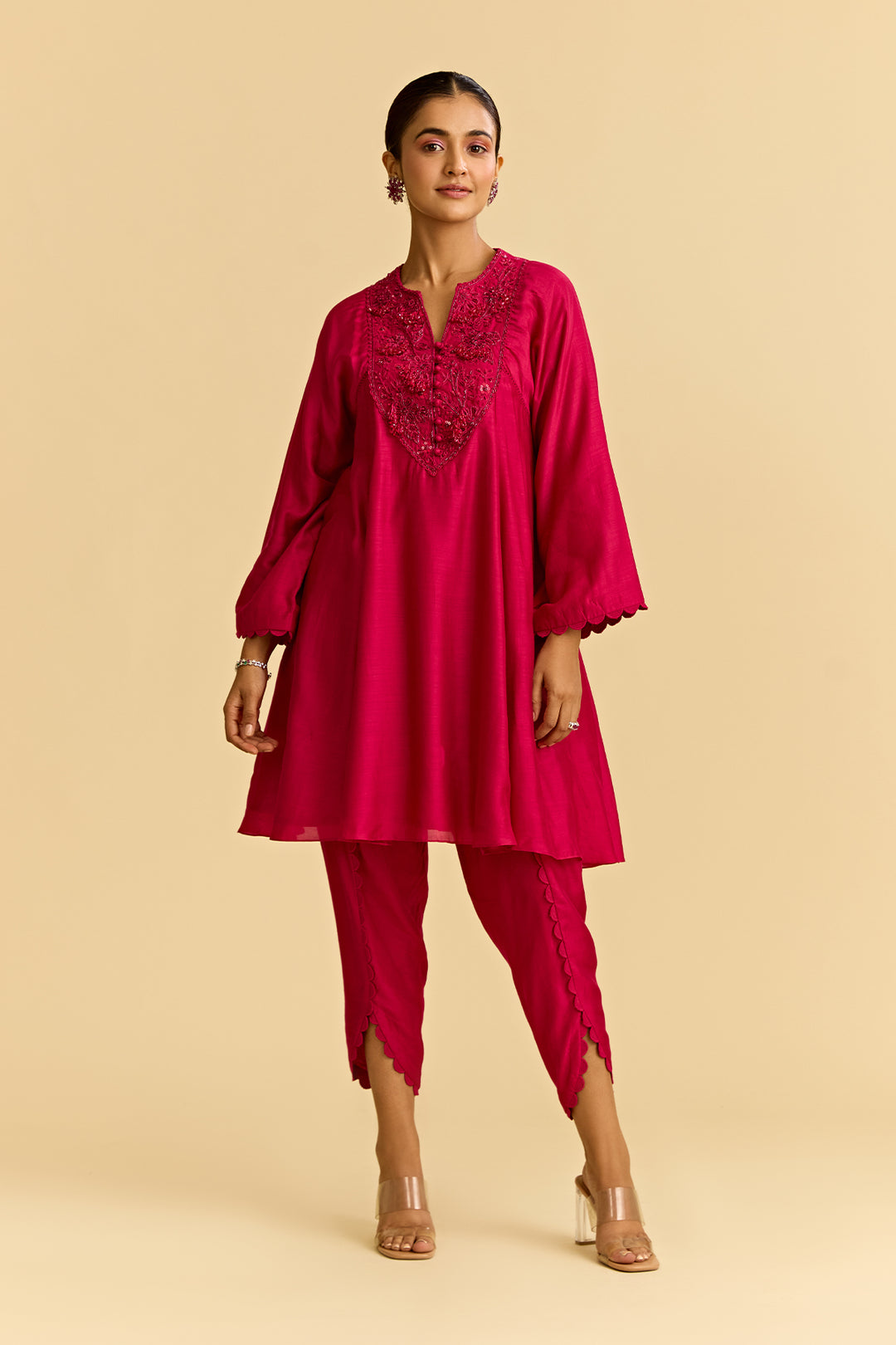 Fuschia Silk Short Kurta With Tulip Pants