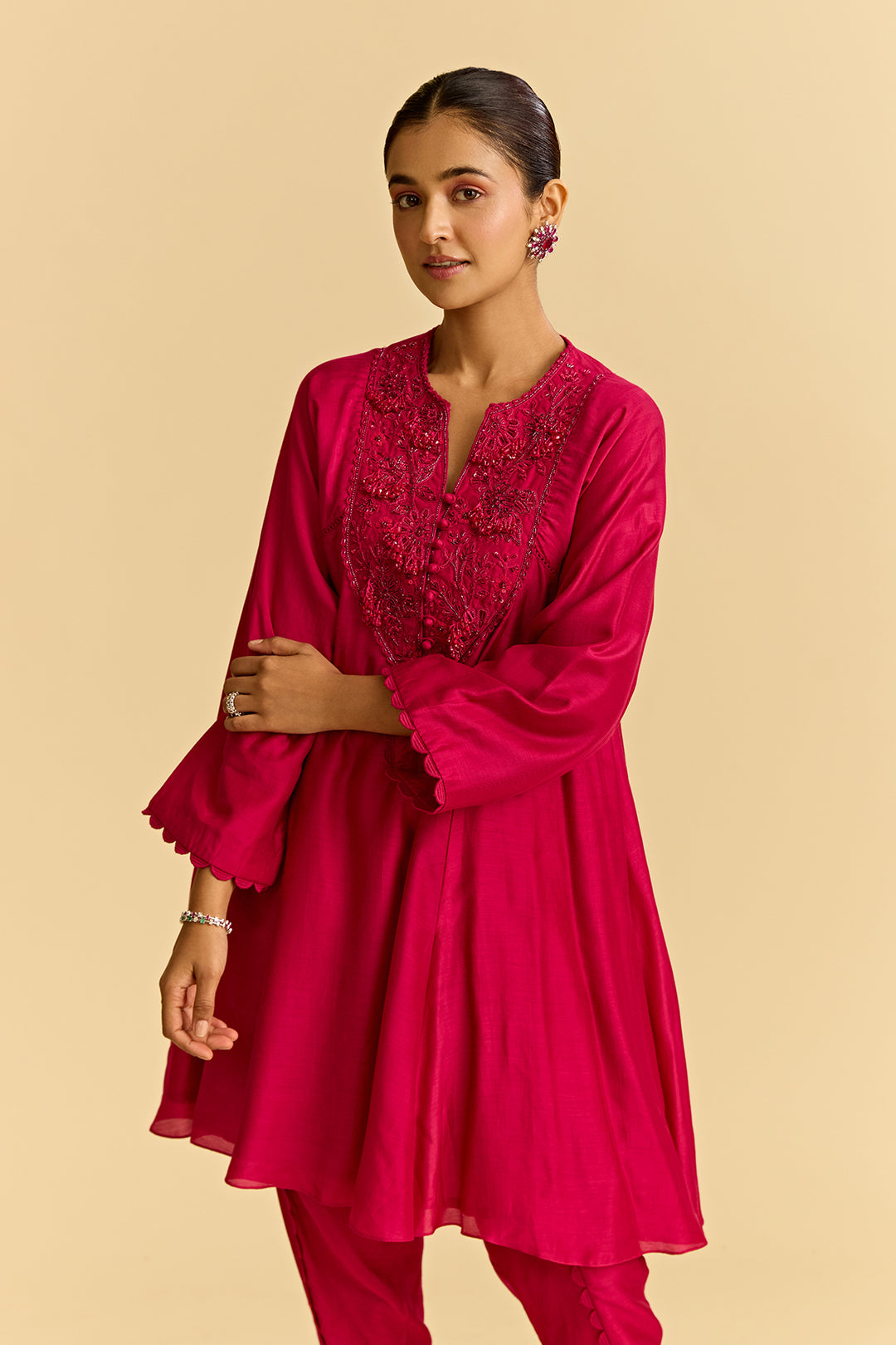 Fuschia Silk Short Kurta With Tulip Pants