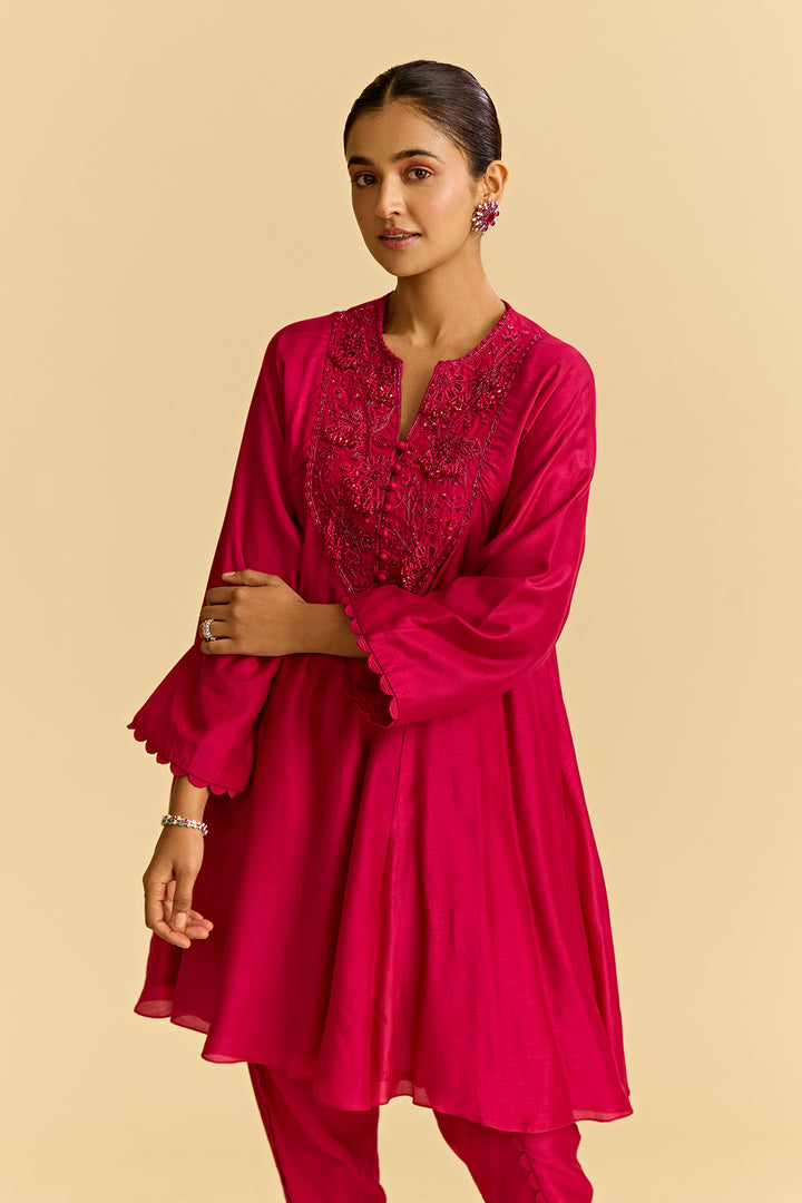 Fuschia Silk Short Kurta With Tulip Pants