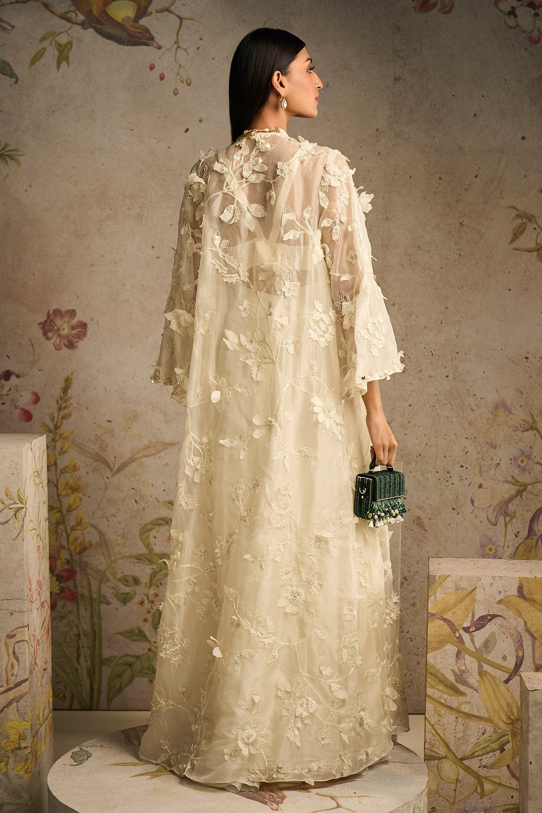 RM-Ivory Georgette Blouse and Flared Pants Paired With Organza 3d Embroidered Long Jacket