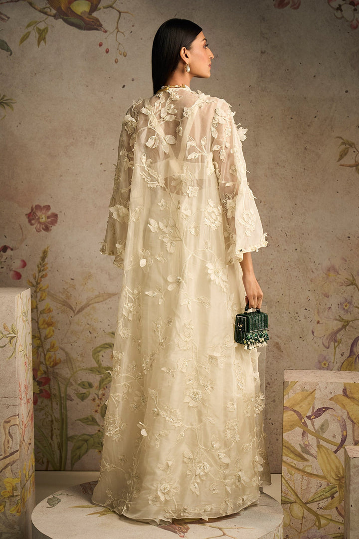 RM-Ivory Georgette Blouse and Flared Pants Paired With Organza 3d Embroidered Long Jacket