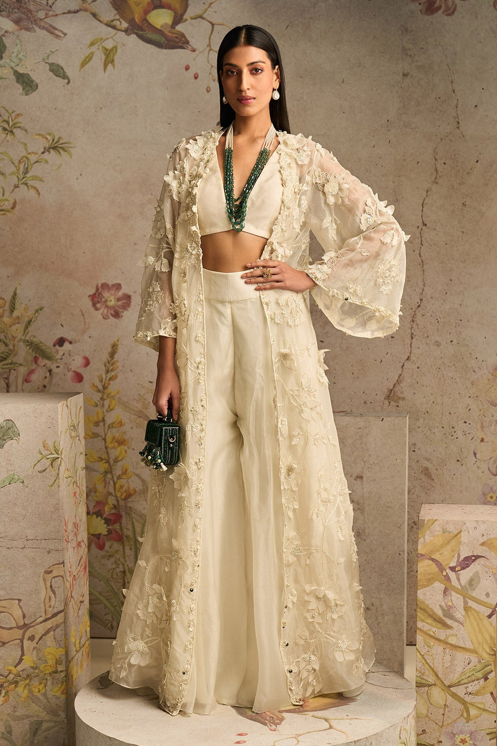 RM-Ivory Georgette Blouse and Flared Pants Paired With Organza 3d Embroidered Long Jacket