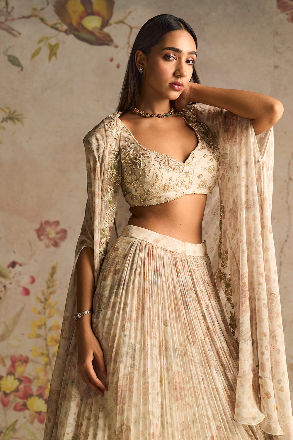 RM-Ivory Printed Chiffon Embroidered Blouse With Printed Chiffon Skirt and Embroidered Cape