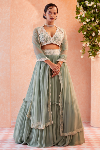 RM-Sea green net embroidered blouse and chiffon