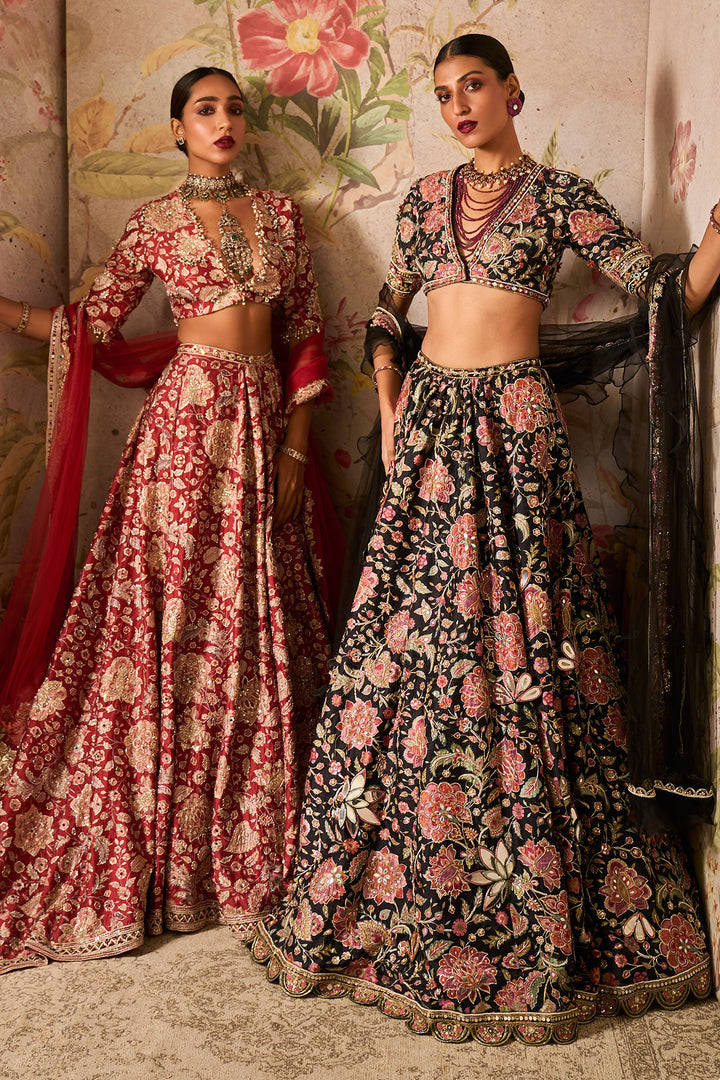 Ridhi-Mehra-Black Raw Silk Printed Heavy Embroidered Lehenga