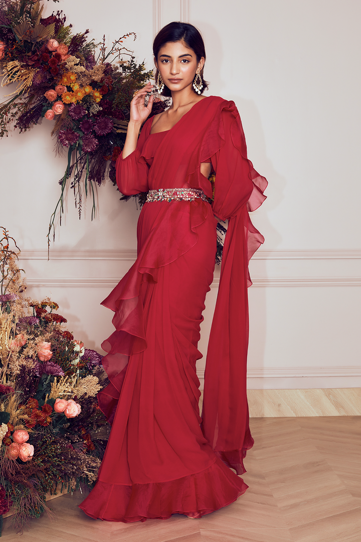 Ridhi-Mehra-Deep fuchsia georgette ruffled saree