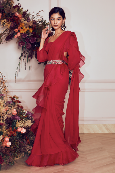 Ridhi-Mehra-Deep fuchsia georgette ruffled saree