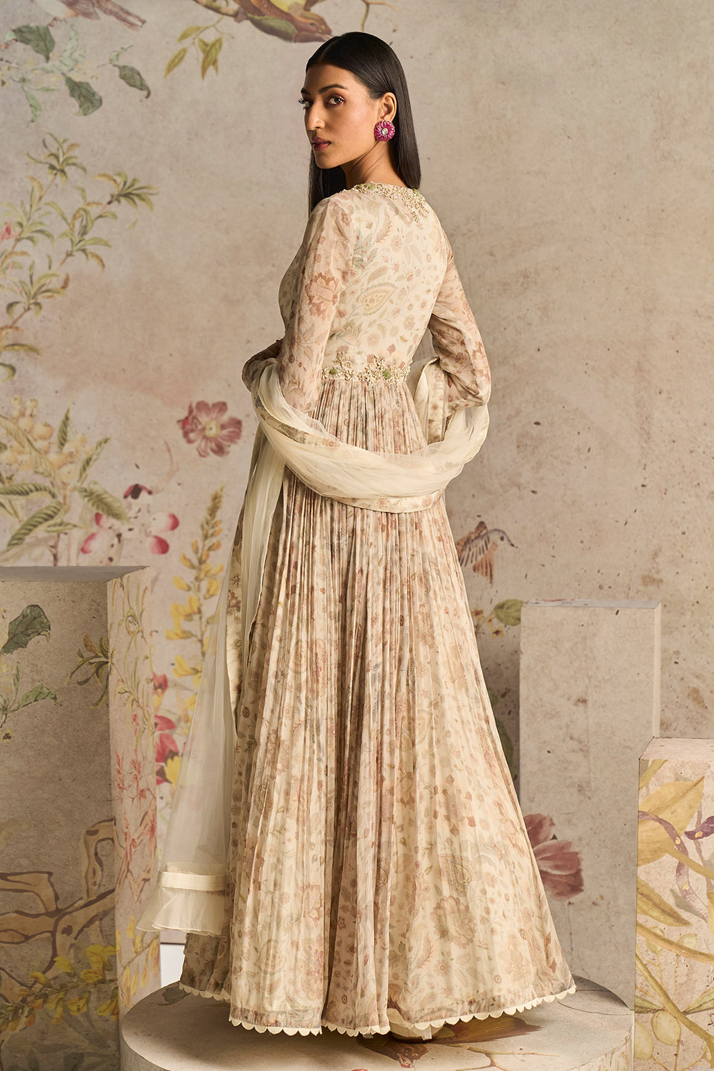 Ridhi-Mehra-Ivory-Printed Chiffon Long Anarkali Paired With Net Embroidered Dupatta