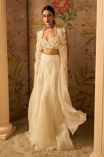 Ridhi-Mehra-Ivory Pearl Embroidered Blouse Paired With Organza Sharara and Embroidered Organza Sleeveless Jacket