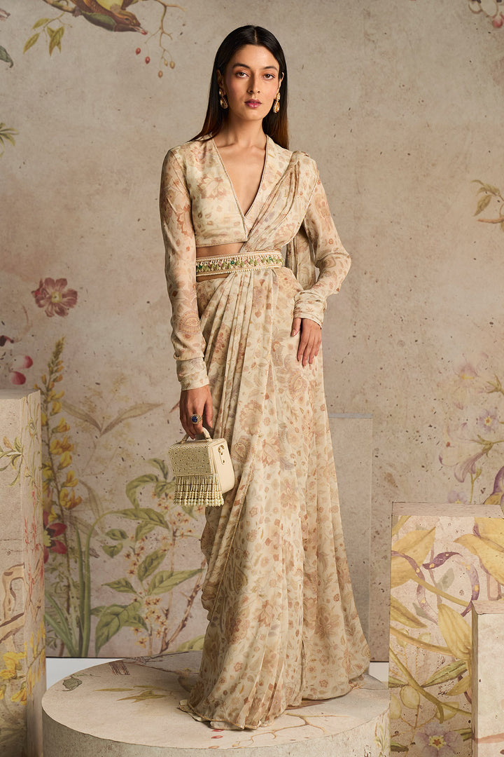 Ridhi-Mehra-Ivory Printed Chiffon Full Sleeves Saree