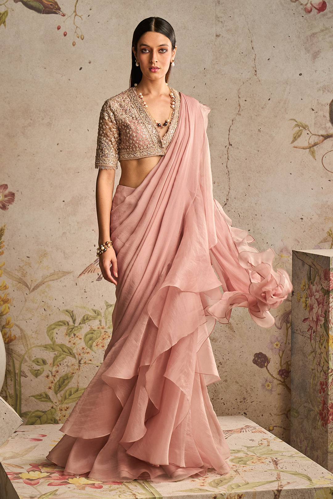 Ridhi-mehra-Dusky Pink Heavily Net Embroidered Saree