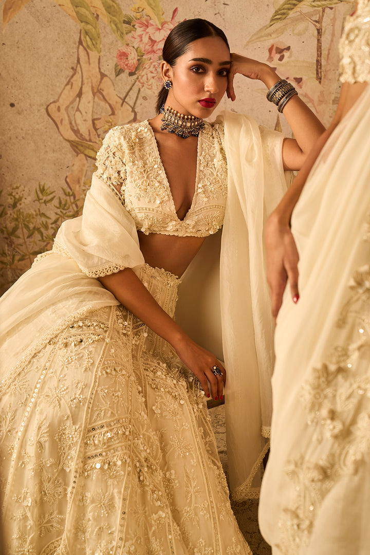 Ridhi-mehra-Ivory-Organza Heavy Embroidered Lehenga